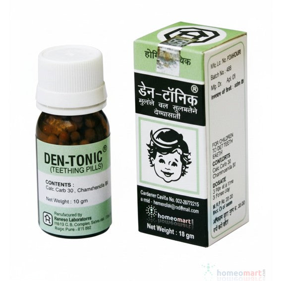 Den-Tonic teething pills bottle and baby  faced packaging on a white background