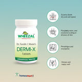 Wheezal Dermi-X Tablets packaging with skin benefits on a gradient background