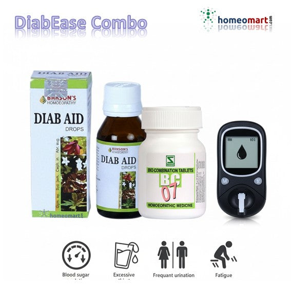 DiabEase Combo with Diab Aid products and glucometer on a white background showing diabetes icons