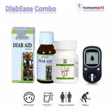 DiabEase Combo with Diab Aid products and glucometer on a white background showing diabetes icons