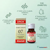 Drox 07 Diabet Drops packaging with text highlighting  diabetes benefits on a light green background