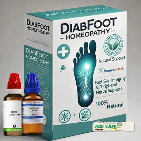 Diabfoot Homeopathy product packaging with bottles on a gray background showing homeopathy treatment for diabetic foot