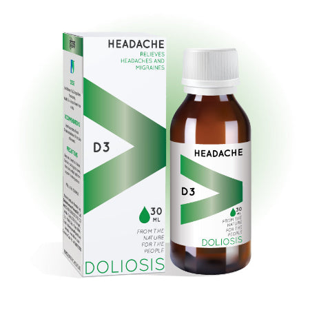 Doliosis D3 Headache Drops relieve migraines, tension headaches & sun headaches caused by stress & fatigue. Homeopathic formula with Belladonna, Gelsemium & Natrum Muriaticum.
