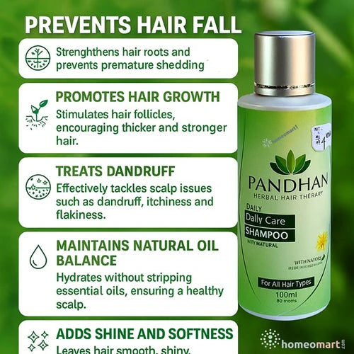 Pandhan shampoo bottle with hair care benefits on a green background