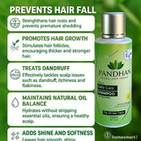 Pandhan shampoo bottle with hair care benefits on a green background
