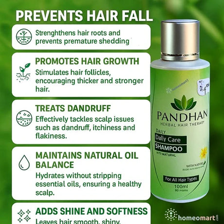 Pandhan shampoo bottle with hair care benefits on a green background