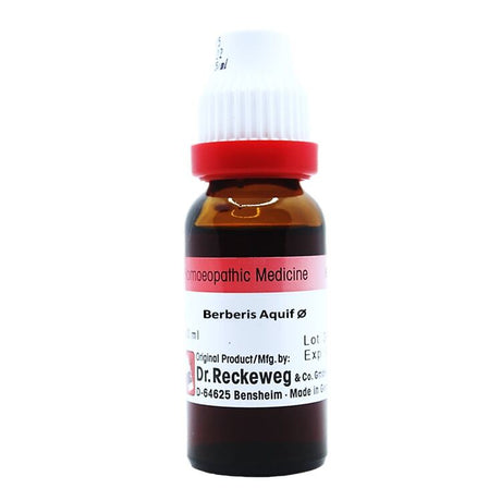 Dr. Reckeweg Berberis Aquifolium Mother Tincture, 20ml and 100ml bottles, effective for skin conditions and liver health.