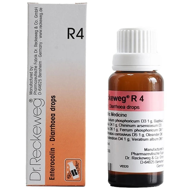 Dr. Reckeweg R4 Diarrhoea drops bottle and packaging on a white background