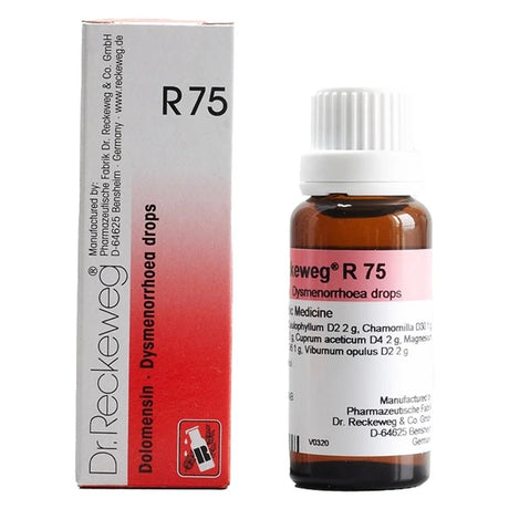 Dr. Reckeweg R75 Dysmenorrhea drops with packaging on a white background