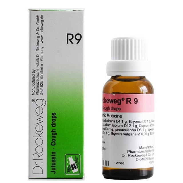 Dr. Reckeweg R9 cough drops bottle and packaging on a white background
