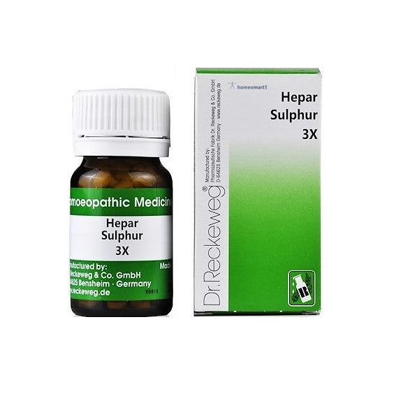Dr. Reckeweg Hepar Sulphur 3X homeopathic medicine bottle and packaging on a white background