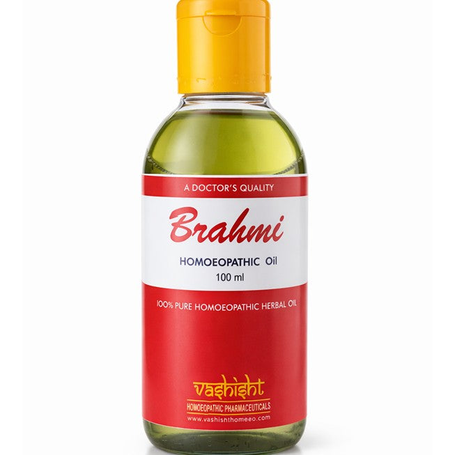 Vashisht Brahmi homoeopathic oil bottle with red label on a white background