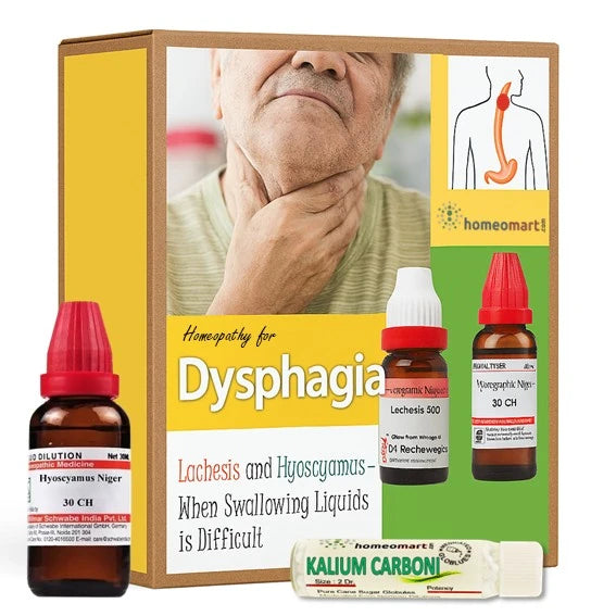 Homeopathy treatment for dysphagia with bottles and packaging on a white background