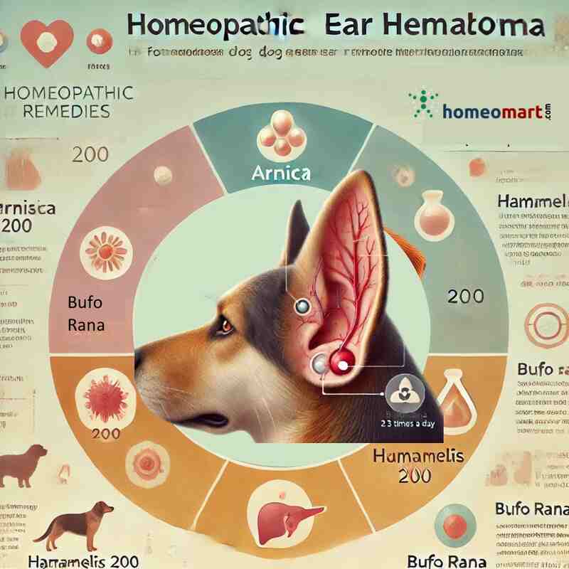 Infographic illustrating homeopathic treatment for dog ear hematomas with a close-up of a dog's ear showing a hematoma at the end of the ear flap. The image includes remedies like Arnica 200, Hamamelis 200, and Bufo Rana 200, with icons representing healing, blood circulation, and swelling reduction. Dosage instructions are also provided