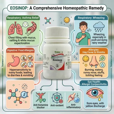 Eosinop homeopathic remedy bottle with allergic symptoms and benefits illustrated on a white background