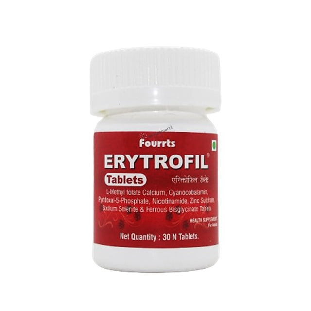 A bottle of Fourrts Erytrofil Tablets with a label indicating it contains 30 tablets for internal use.