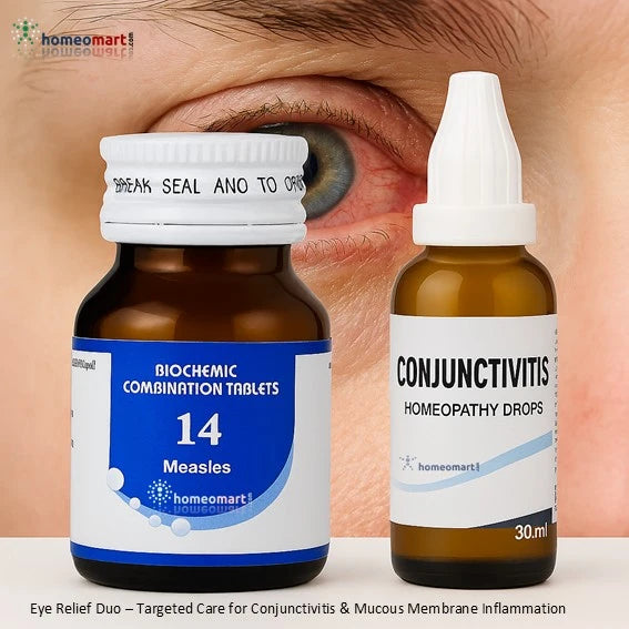 Two homeopathic medicine bottles labeled 'Measles' and 'Conjunctivitis' with a close-up of an eye in the background.