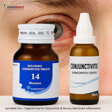 Two homeopathic medicine bottles labeled 'Measles' and 'Conjunctivitis' with a close-up of an eye in the background.