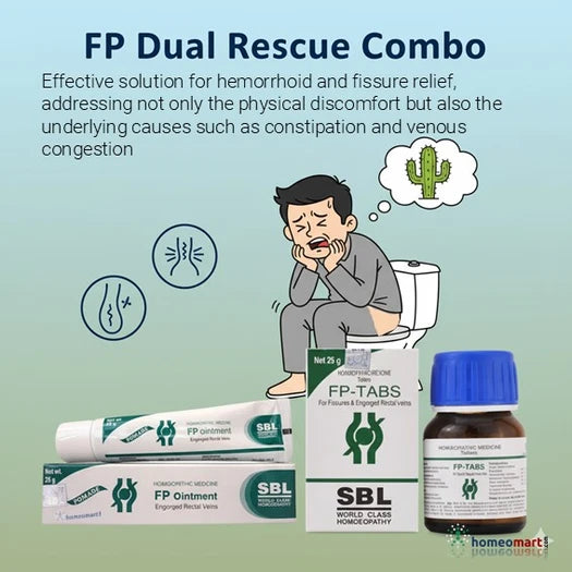 SBL FP Dual Rescue Combo for hemorrhoid and fissure relief with packaging and illustrations on a light green background with a person sitting in discomfort on commode