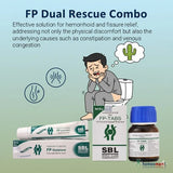 SBL FP Dual Rescue Combo for hemorrhoid and fissure relief with packaging and illustrations on a light green background with a person sitting in discomfort on commode
