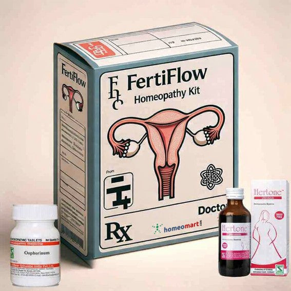 FertiFlow homeopathy kit with packaging and bottles on a light pink background indicating treatment of fallopian tube blockage