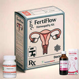 FertiFlow homeopathy kit with packaging and bottles on a light pink background indicating treatment of fallopian tube blockage