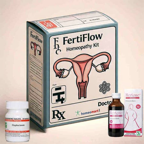 FertiFlow homeopathy kit with packaging and bottles on a light pink background indicating treatment of fallopian tube blockage