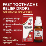 REPL 99 Toothache Drop packaging and bottle on a red background with text about fast toothache relief.