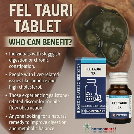 Fel Tauri Homeopathy Trituration Tablets are a trusted natural remedy for liver health, digestion, and bile flow. Formulated with high-quality ingredients, this homeopathic solution helps manage biliary disorders, sluggish digestion, and high cholesterol, promoting a healthy metabolic balance.