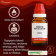 Bottle of Ferrum Metallicum homeopathic medicine with anemia benefit product details on a red background