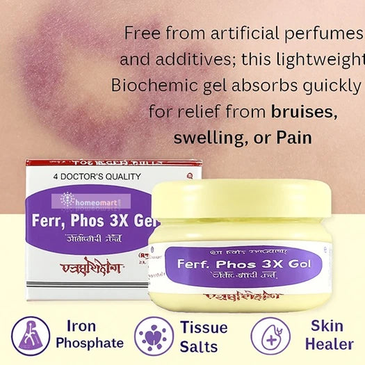 Ferr Phos 3X Gel packaging with text about its benefits in skin bruises on a beige background