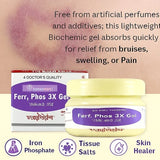 Ferr Phos 3X Gel packaging with text about its benefits in skin bruises on a beige background