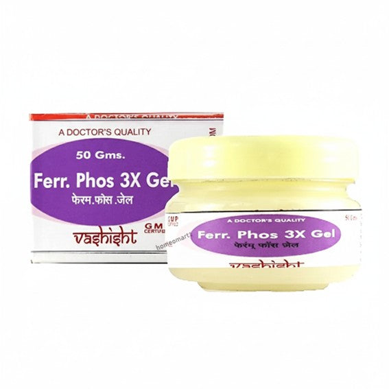 Ferr. Phos 3X Gel jar and box with Vashisht branding on a white background