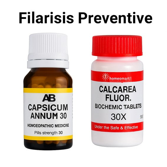 Two homeopathic medicine bottles labeled 'Capsicum Annum 30' and 'Calcarea Fluor. Biochemic Tablets 30X' on a white background.