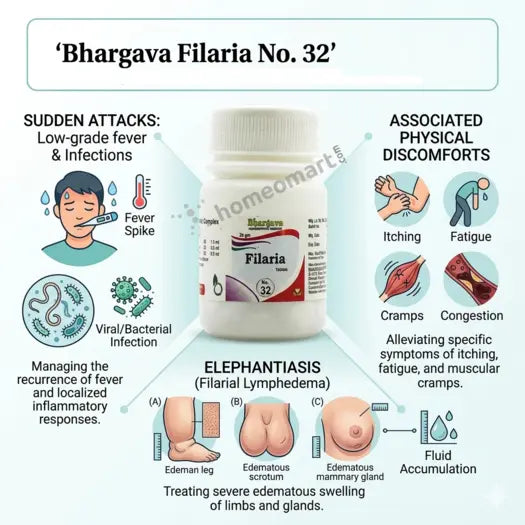 Bhargava Filaria No. 32 homeopathic medicine bottle with symptoms and illustrations of Filariasis Swelling, Itching & Fever Care on a white background