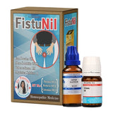 FistuNil homeopathic medicine packaging with two fistula treatment homeopathy medicine bottles on a white background