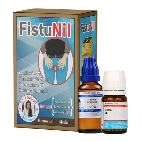 FistuNil homeopathic medicine packaging with two fistula treatment homeopathy medicine bottles on a white background