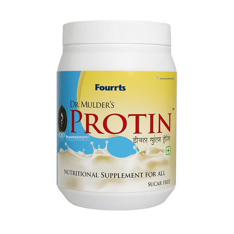 Dr Mulder's Protin nutritional supplement jar with Fourrts branding on a white background