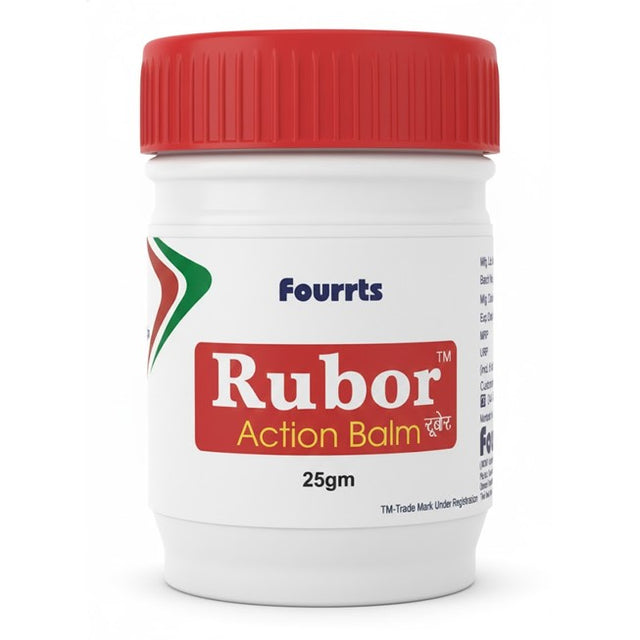 Fourrts Rubor Action Balm container with red lid and label on a white background