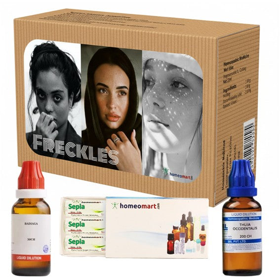 Homeopathy product set for freckles with bottles and packaging on a white background