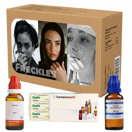 Homeopathy product set for freckles with bottles and packaging on a white background