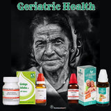 Medicinal products and elderly woman with 'Geriatric Health' text