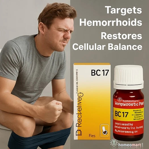 Man experiencing discomfort with text 'Targets Hemorrhoids Restores Cellular Balance' and Reckitt Benckiser BC 17 product packaging.