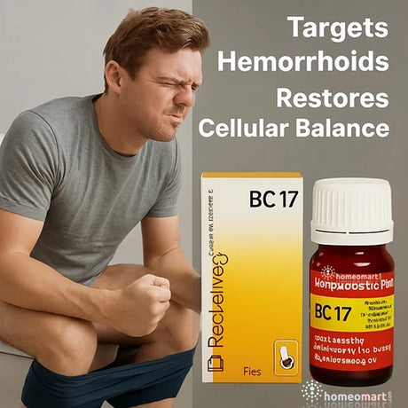 Man experiencing discomfort with text 'Targets Hemorrhoids Restores Cellular Balance' and Reckitt Benckiser BC 17 product packaging.