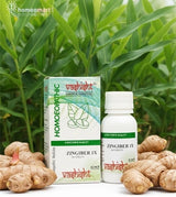 Vashishth Zingiber IX homeopathic product with ginger roots on a green leafy ginger plant background
