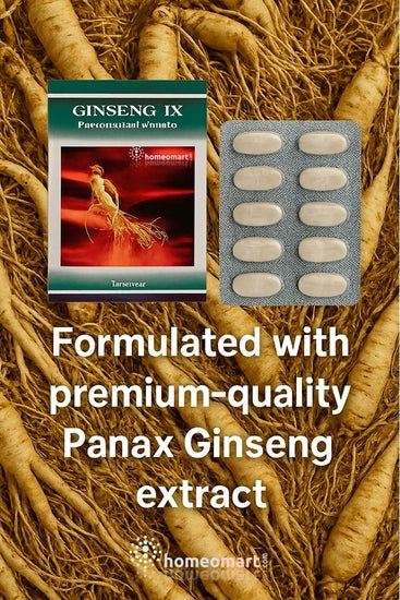 Ginseng IX packaging with Panax Ginseng roots on a brown background
