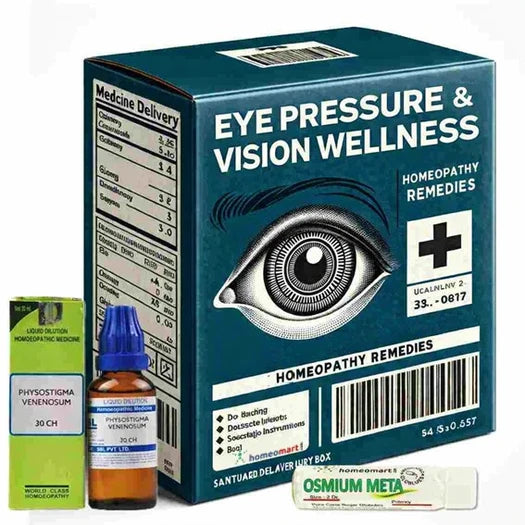 Homeopathy remedies for eye pressure (Glaucoma) and vision wellness with packaging and bottles on a white background.