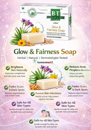 Bodice & Taffe Glow & Fairness Soap packaging with herbal elements on a pink background