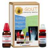 Gout homeopathy remedies with bottles and packaging on a white background
