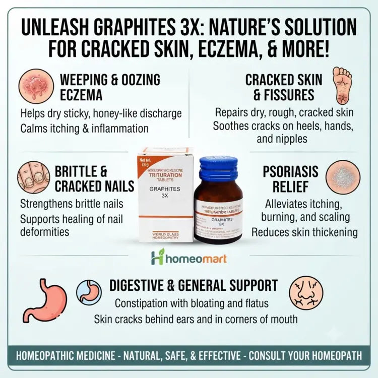 Graphites for dry rough skin, homeopathic medicine for constipation with bloating, Graphites for skin cracks around nails, best homeopathic remedy for oozing eczema, Graphites for flatulence and sluggish digestion, homeopathic remedy for chronic skin problems
